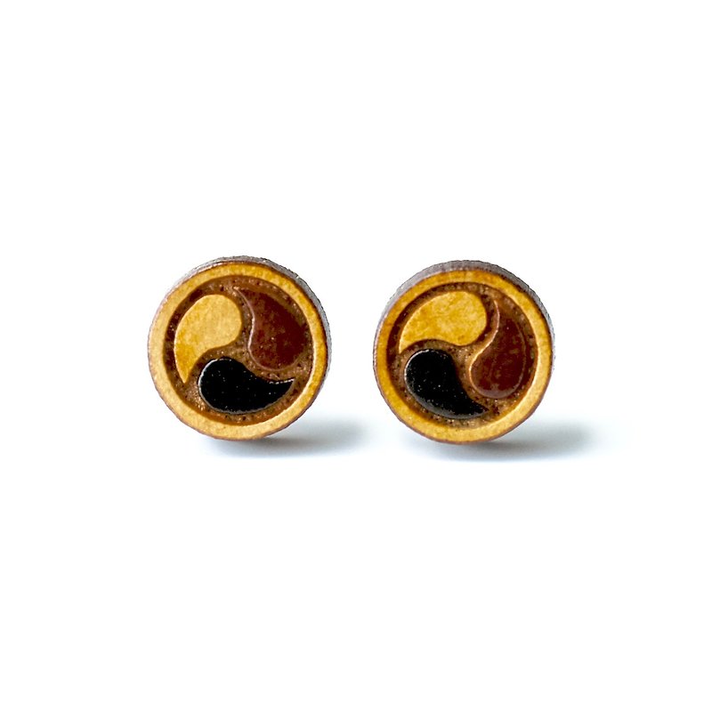 『TienTien』Painted wood earrings-Spiral circle (black) - Earrings & Clip-ons - Wood Black