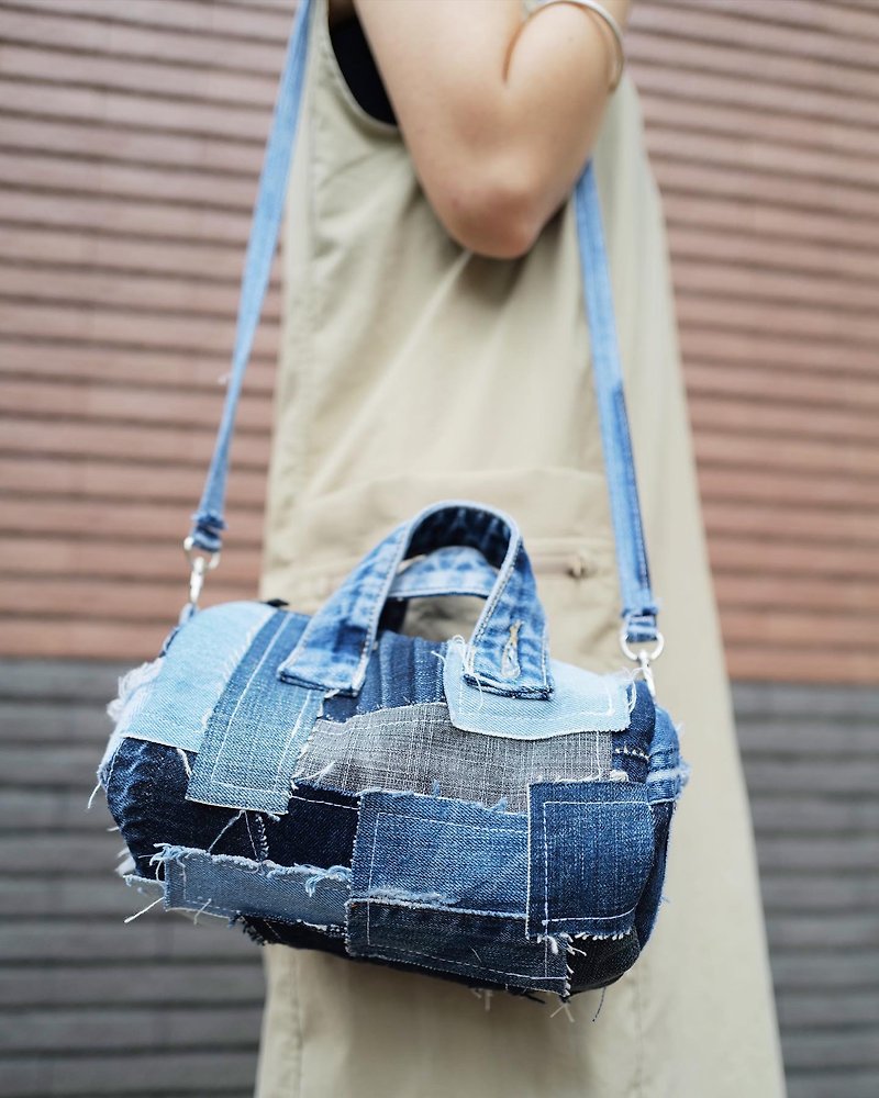 (Customized/Customized) Denim Patchwork Cylindrical Zipper Bag - Messenger Bags & Sling Bags - Other Materials 
