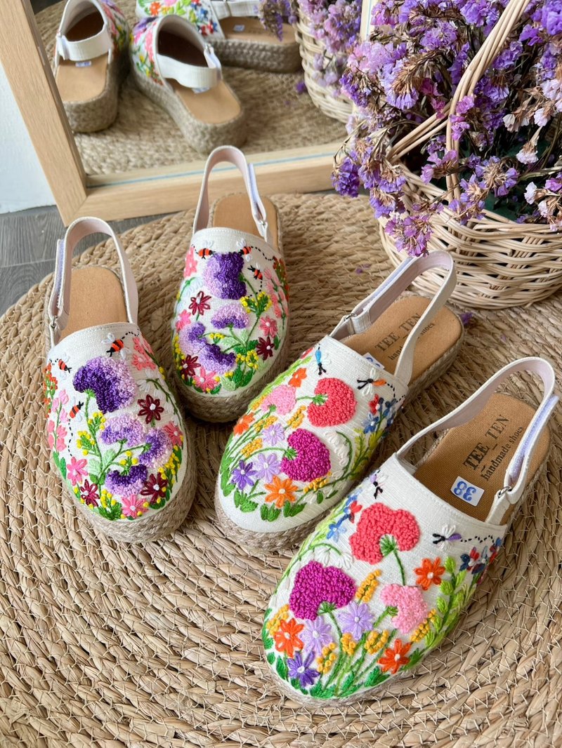 花朵刺繡 - 手工製作 - 涼鞋 - 繡線 白色