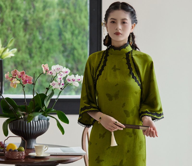 【沈碧】新中国風レトロ/古式倒大袖/開襟筒子襟チャイナドレス - チャイナドレス - その他の素材 グリーン