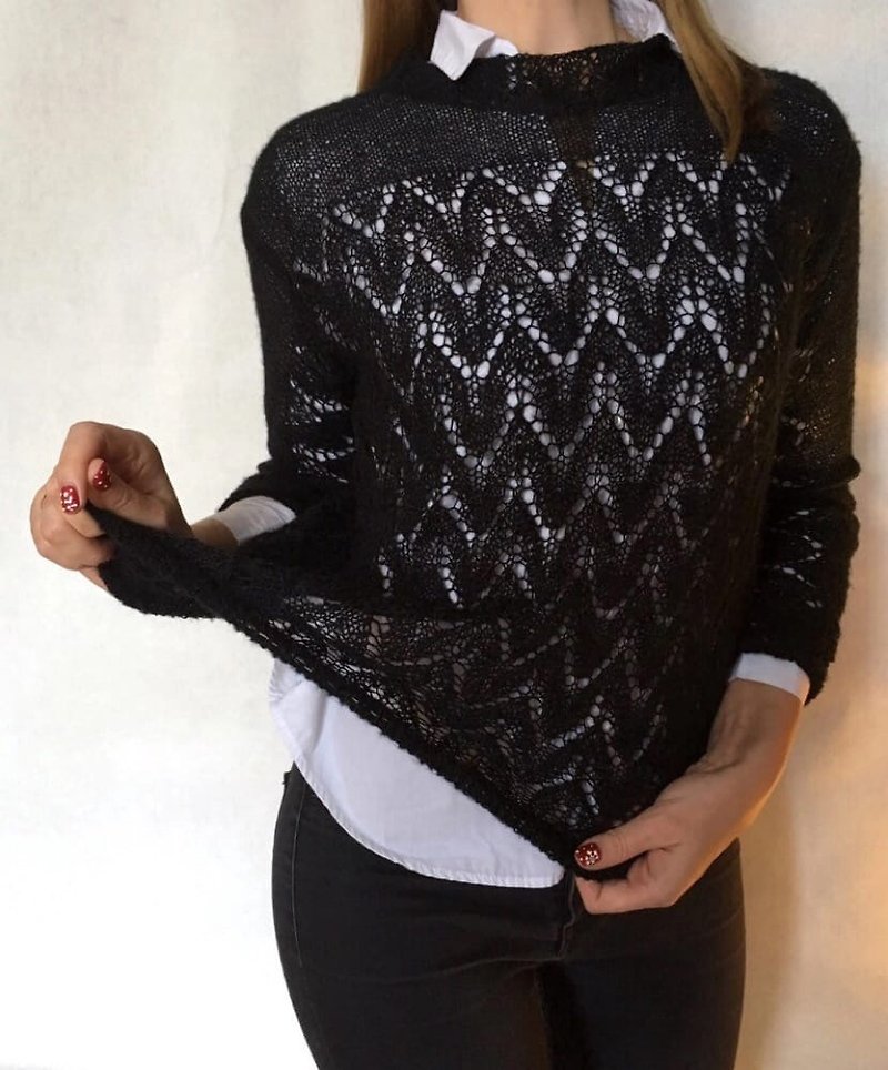 MADE TO ORDER Handmade  knitted sweater Art sweater Black sweater Women Mohair - สเวตเตอร์ผู้หญิง - วัสดุอื่นๆ สีดำ