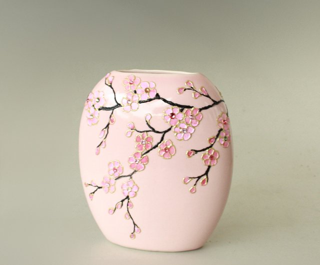 桜 陶花瓶 ピンク 手描き - ショップ NeA Glass 置物 - Pinkoi