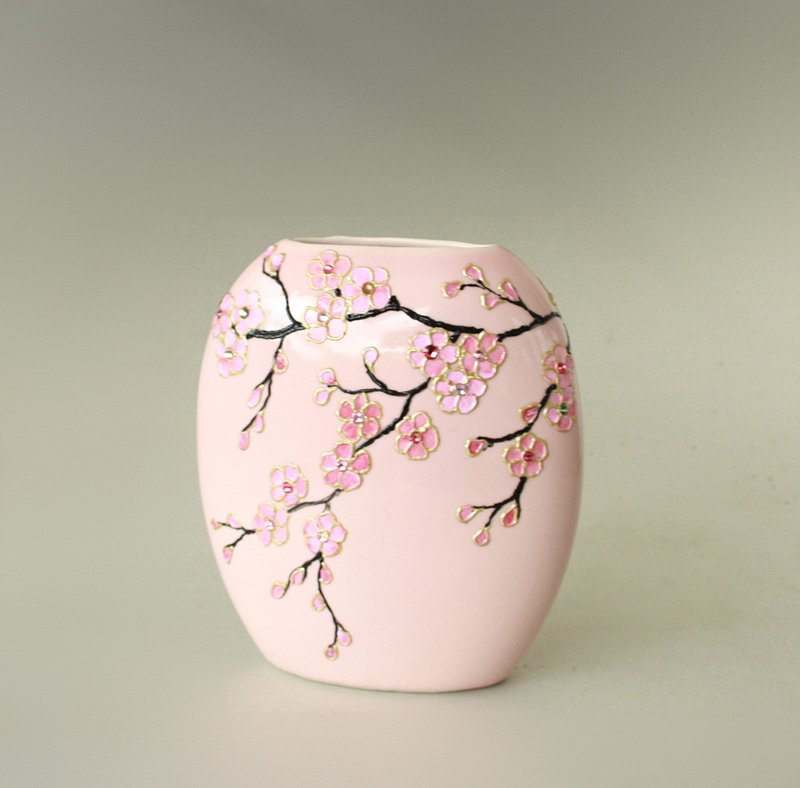 Sakura Ceramic Vase Pink hand paited - 擺飾/家飾品 - 陶 粉紅色