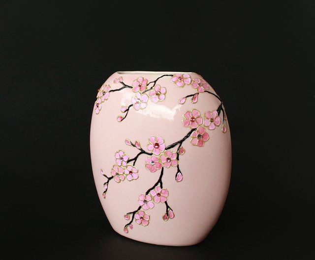 桜 陶花瓶 ピンク 手描き - ショップ NeA Glass 置物 - Pinkoi