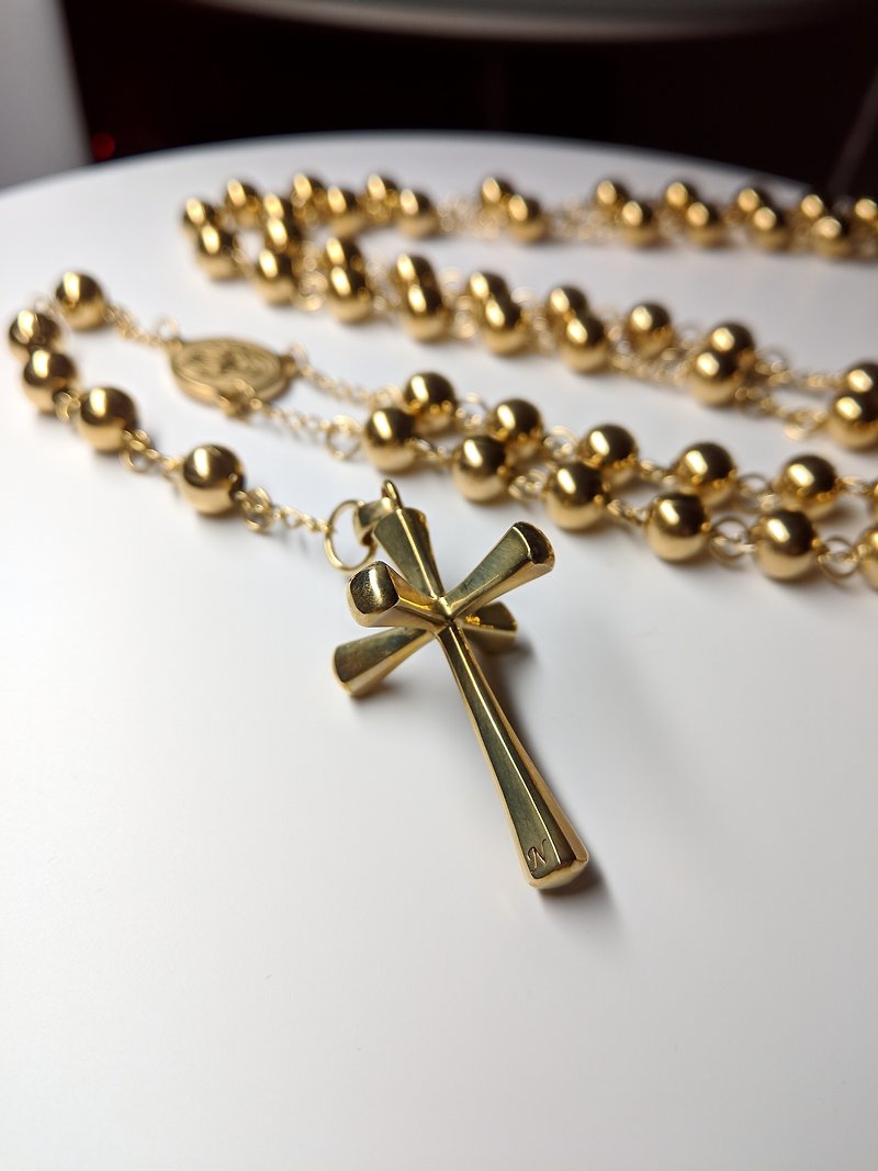 Bronze and Gold Poly Rosary Necklace - สร้อยคอ - ทองแดงทองเหลือง สีทอง