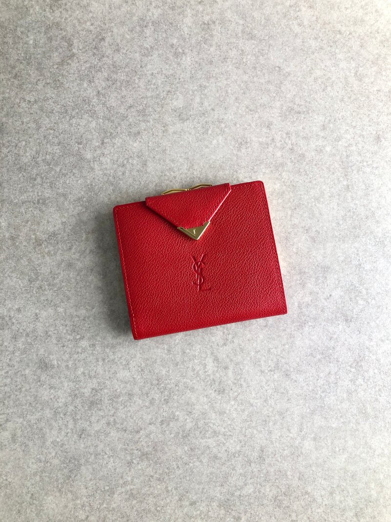 [Direct from Japan, branded used bag] Yves Saint Laurent wallet, red, YSL triangle logo, leather, bi-fold, 8gcd7j - กระเป๋าสตางค์ - หนังแท้ สีแดง