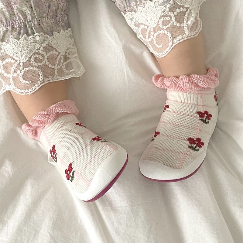 Korean Ggomoosin toddler socks and shoes-curled red flower - Baby Shoes - Cotton & Hemp 