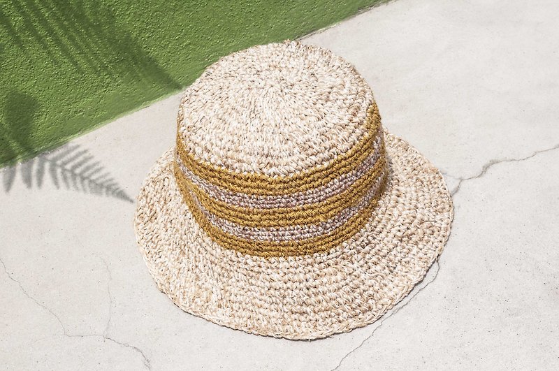 Tanabata gift limit a land of forest wind stitching hand-woven cotton Linen cap / hat / visor / Patchwork cap / hat handmade / hand-crocheted hat / hand-woven - flavor of the summer caramel latte striped cotton Linen cap - Hats & Caps - Cotton & Hemp Multicolor