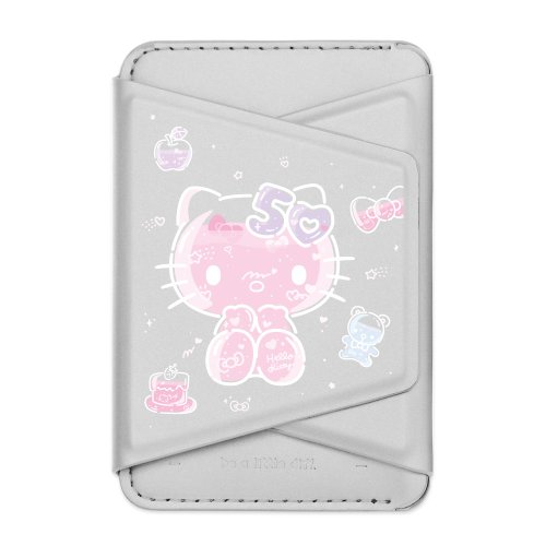 LANI's 風格防摔手機殼 HelloKitty50週年-銀色款 支架磁吸卡包 小牛皮感 手機支架