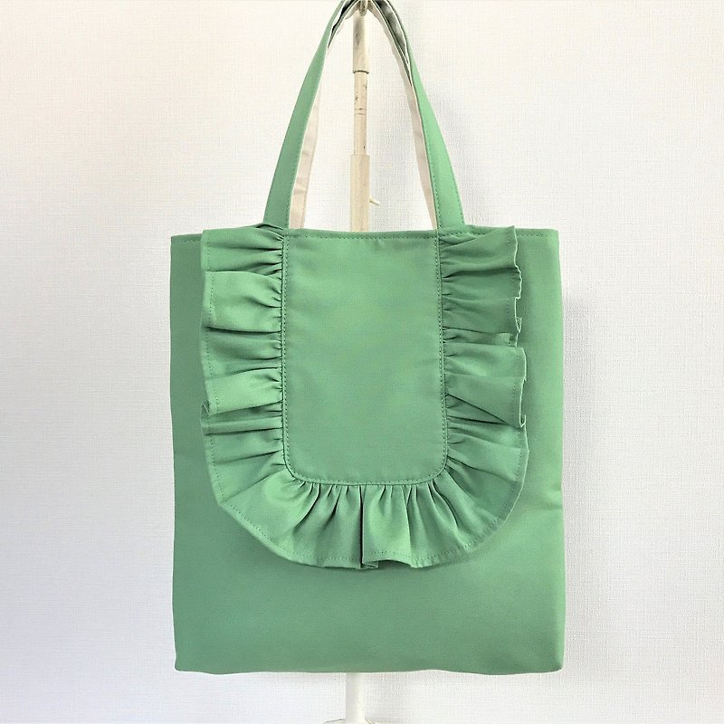 Round Frill Vertical Tote Bag Green - กระเป๋าถือ - ผ้าฝ้าย/ผ้าลินิน สีเขียว