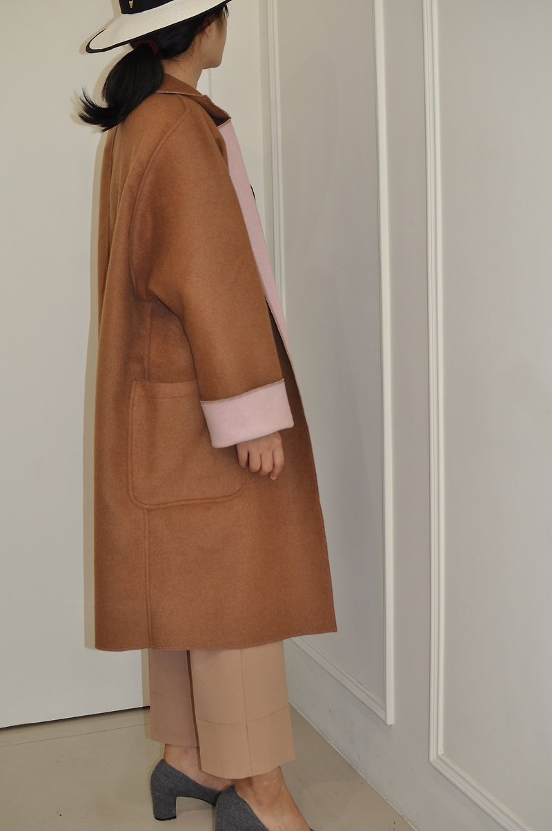 Flat 135 X Taiwan Designer Dry Rose X Khaki Duplex 100% Woolen Wool Long Coat Jacket - เสื้อแจ็คเก็ต - ขนแกะ สีนำ้ตาล
