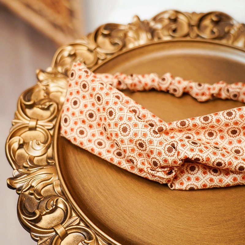 手工髮帶 / 復古 / 中古圓點窗花 / 橙黃色紋理 - 髮夾/髮圈 - 棉．麻 橘色