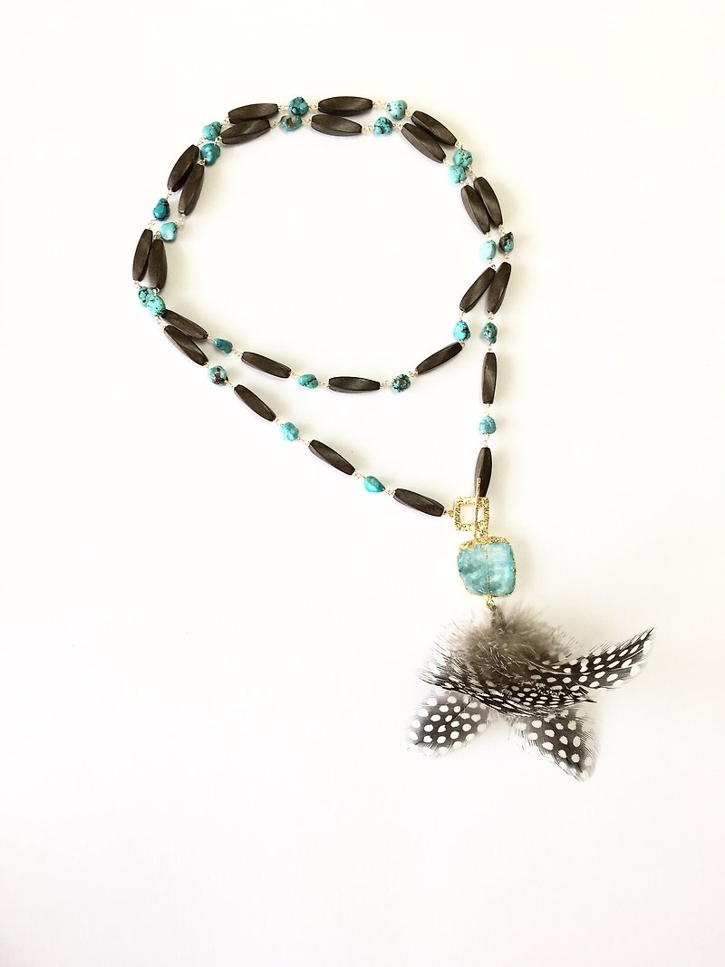 Aquamarine and Turquoise and Ebony long necklace - สร้อยคอยาว - เครื่องเพชรพลอย สีน้ำเงิน
