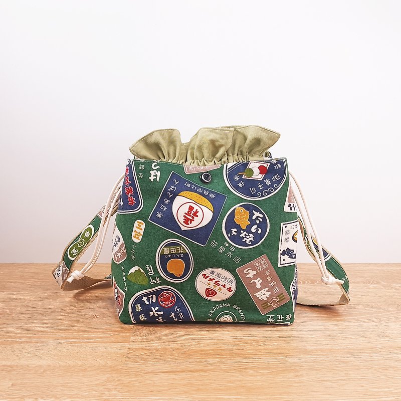 Vintage Japanese Logo Pattern Handbag/ Green Bucket Bag - Drawstring Bags - Cotton & Hemp Green