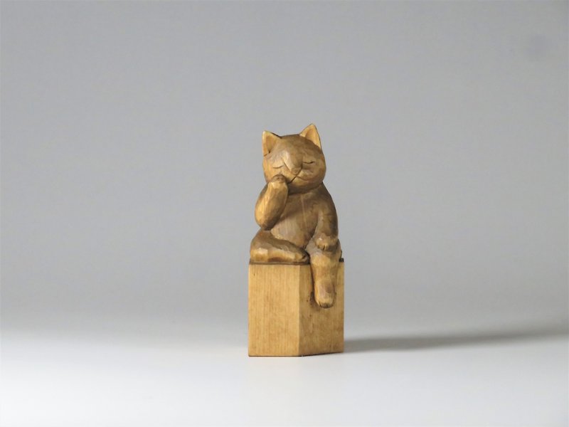 弥勒猫　木彫り　猫仏さまA1620 - 置物 - 木製 ブラウン
