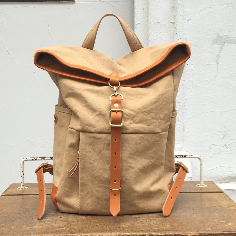 Guide tanned plant astringent canvas canvas × bamboo leather backpack - Backpacks - Cotton & Hemp Khaki