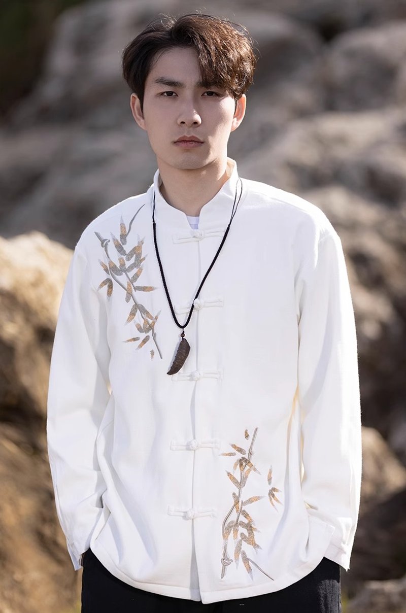 Chinese retro minimalist buttoned loose shirt - Men's Shirts - Other Materials White