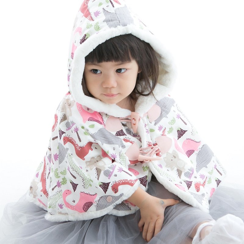 Warm plush hooded cloak cloak coat printed white-pink dinosaur - Coats - Polyester White