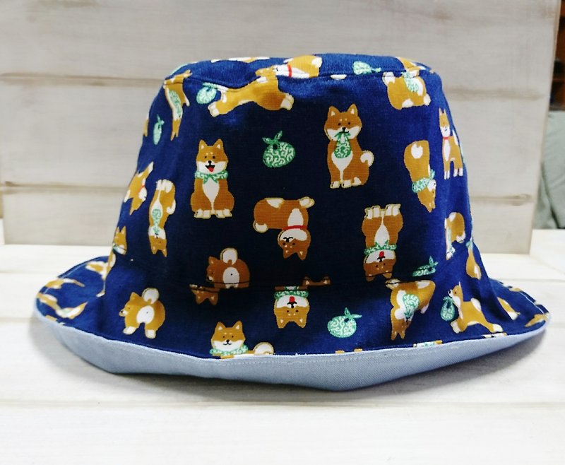 柴犬&牛仔藍雙面漁夫帽/遮陽帽 - 帽子 - 棉．麻 藍色