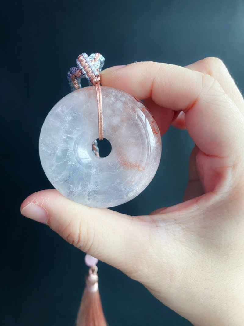 【售出】櫻花瑪瑙 平安扣 粉爆晶 手工編繩 包掛 天然石 禮物 手 - 手機掛繩/背帶 - 水晶 粉紅色