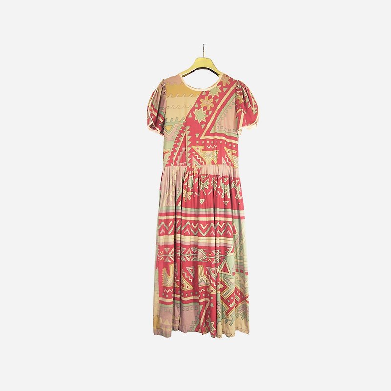 Dislocated vintage / geometric print round neck dress no.962 vintage - One Piece Dresses - Cotton & Hemp Red