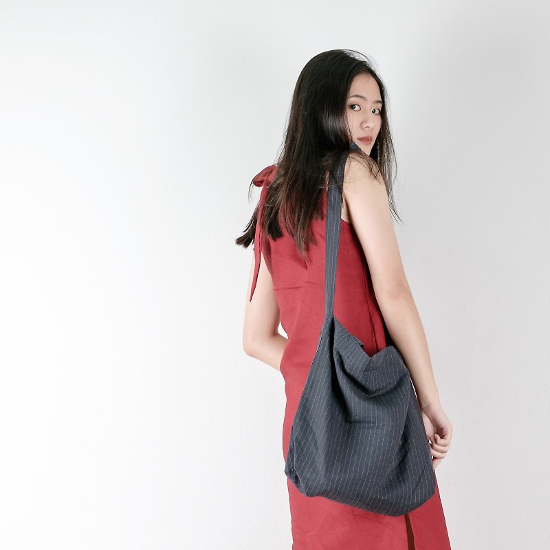 Dark Grey Striped Linen Tote Bag - Backpacks - Cotton & Hemp Black