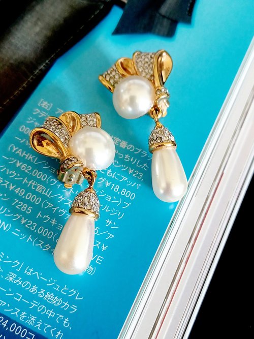 老時光製造所 vintage jewelry Swarovski 萊茵鑽垂墜珍珠 夾式耳環