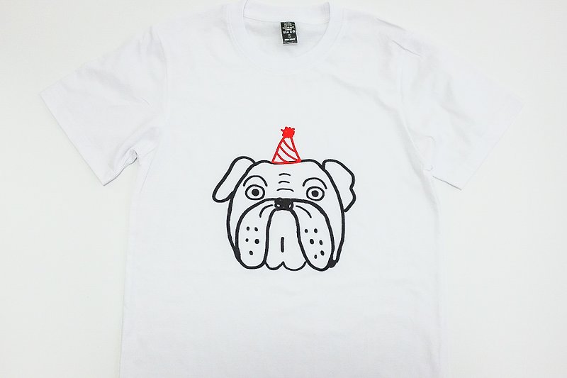 bulldog wearing party hat illustration printing short-sleeved unisex t-shirt - T 恤 - 棉．麻 白色