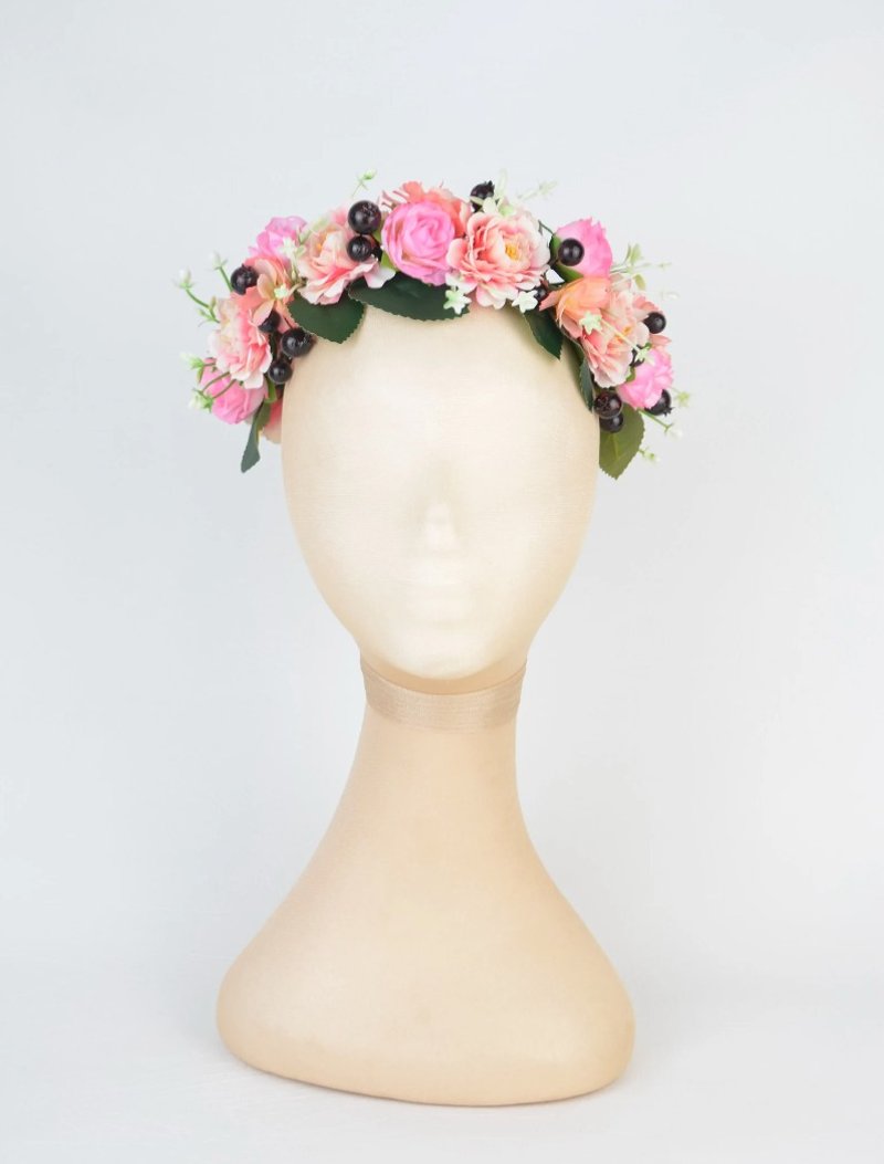 Headpiece Crown in Bright Pink with Silk Flower Roses and Dark Deep Red Berries - เครื่องประดับผม - วัสดุอื่นๆ สึชมพู