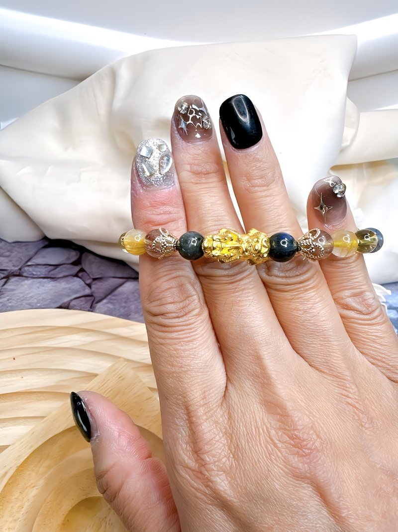 黑拉長石 紅銅髮晶 藍晶石拉長石共生 黃阿賽 黃水晶 999銀鍍金 - 手鍊/手環 - 水晶 金色