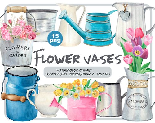ArtfulStudio Watercolor flower vases clipart-Garden buckets & water-cans