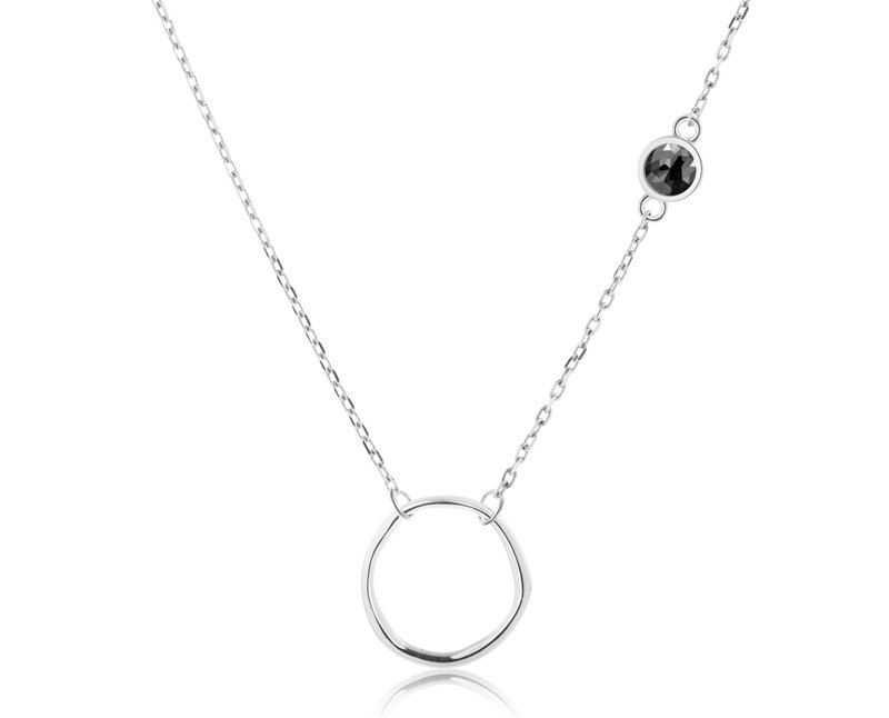 Black Tourmaline Necklace-Asymmetrical sideway Karma Open Circle Necklace - สร้อยคอ - เงินแท้ สีดำ