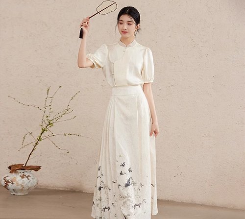 初蟬 新中式復古中國風 蝴蝶印花側邊拉鏈 上衣/馬面裙