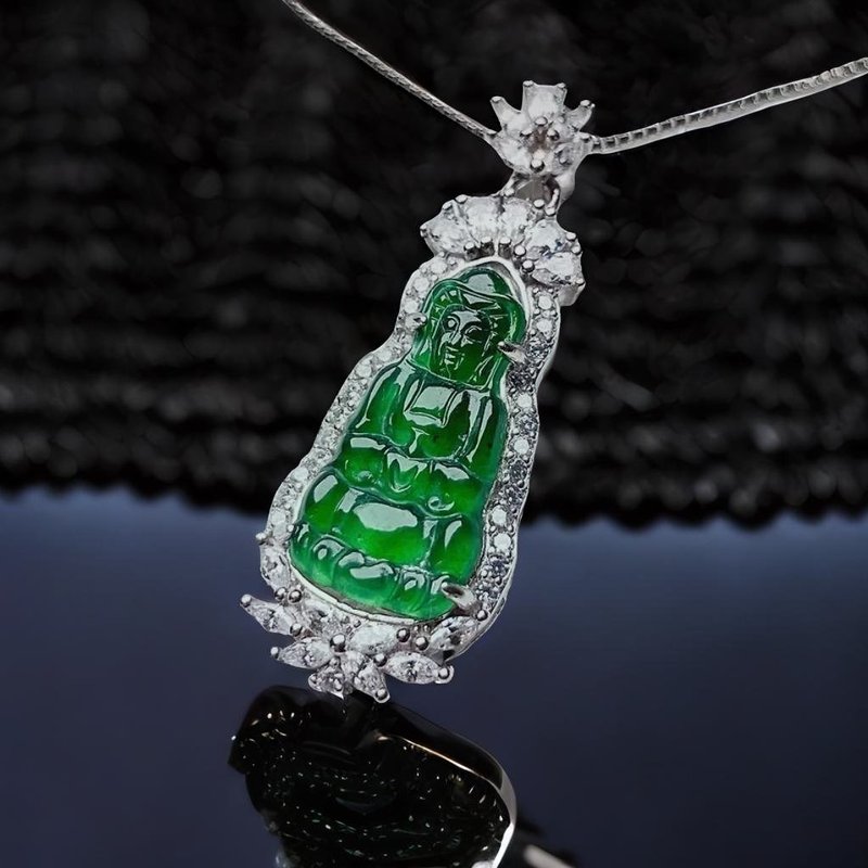 Bingzhong Laokeng Green Jade Guanyin Bodhisattva Necklace 925 Sterling Silver | Natural Jade A Product | Gift - พวงกุญแจ - หยก สีเขียว