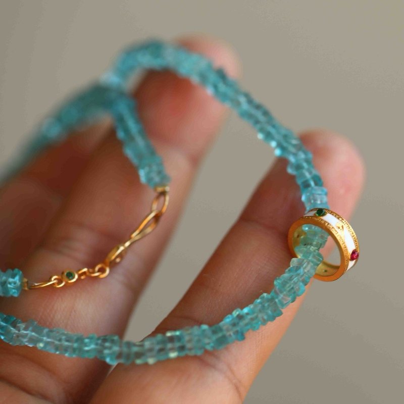 天然原礦磷灰石 純銀鎏金琺瑯彩轉運環設計項鍊多圈手串fs - 手鍊/手環 - 水晶 藍色