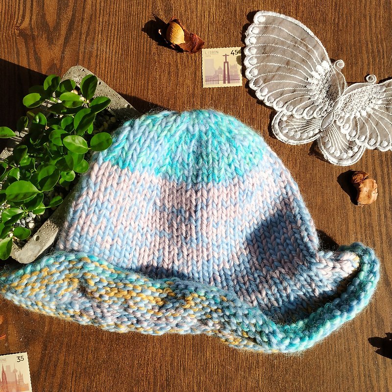 Pure wool hand-knit sunscreen big brim woolen hat-haze sky light - Hats & Caps - Wool 
