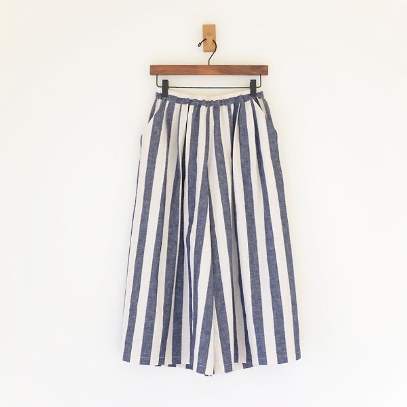 Daily dress. Dark blue stripes 9 points wide pants skirt, cotton - กางเกงขายาว - ผ้าฝ้าย/ผ้าลินิน สีน้ำเงิน
