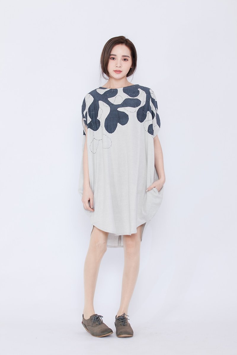 橢圓幾何洋裝-冬季花園刺繡-公平貿易 - 連身裙 - 棉．麻 白色