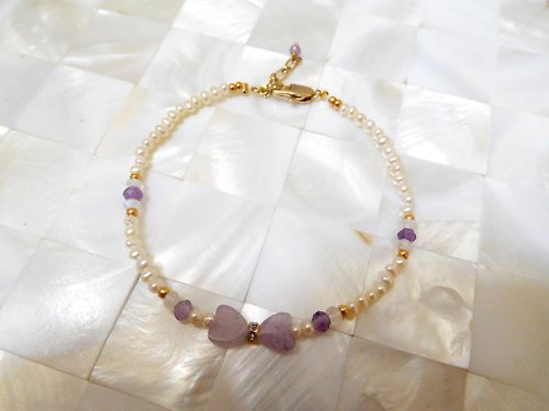 mixandfun 紫白色系愛心寶石珍珠紫水晶手鍊 長度可訂製