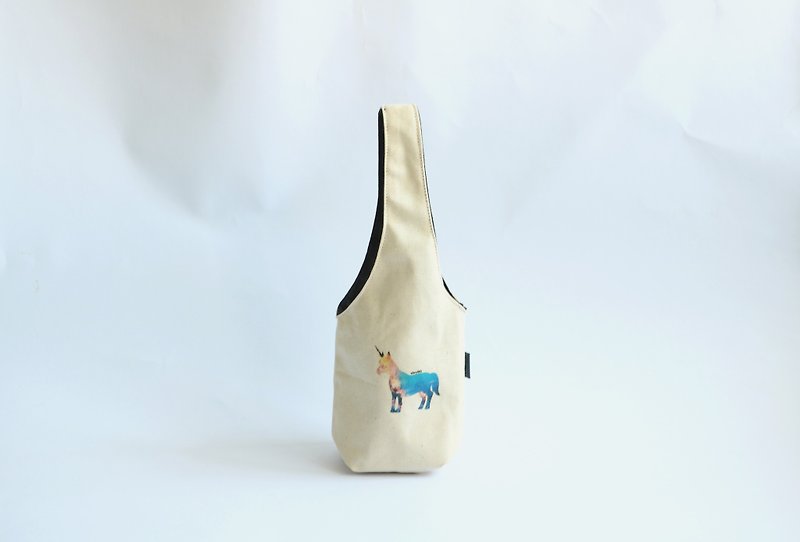 MaryWil雙面環保杯套飲料提袋-獨角獸 內裡改為水藍色 - 飲料提袋/杯袋/杯套 - 棉．麻 多色