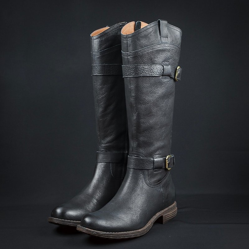 Barbarian Princess Western-style leather high boots-straight black - รองเท้าบูทยาวผู้หญิง - หนังแท้ สีดำ