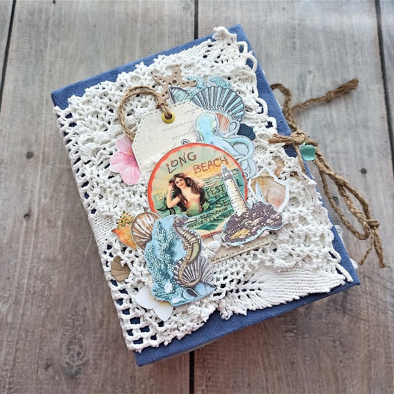 Large mermaid junk journal handmade Thick ocean lace junk book homemade notebook - สมุดบันทึก/สมุดปฏิทิน - กระดาษ สีน้ำเงิน