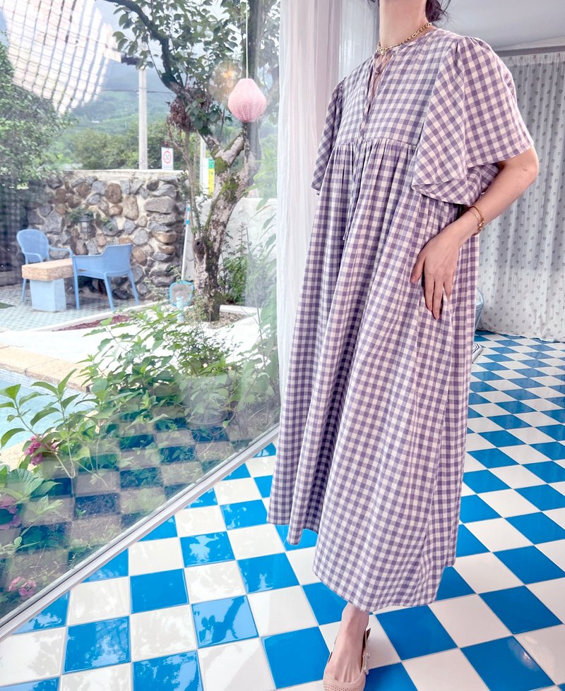 Marchen Maxi Dress - Lavender Gingham - 洋裝/連身裙 - 棉．麻 