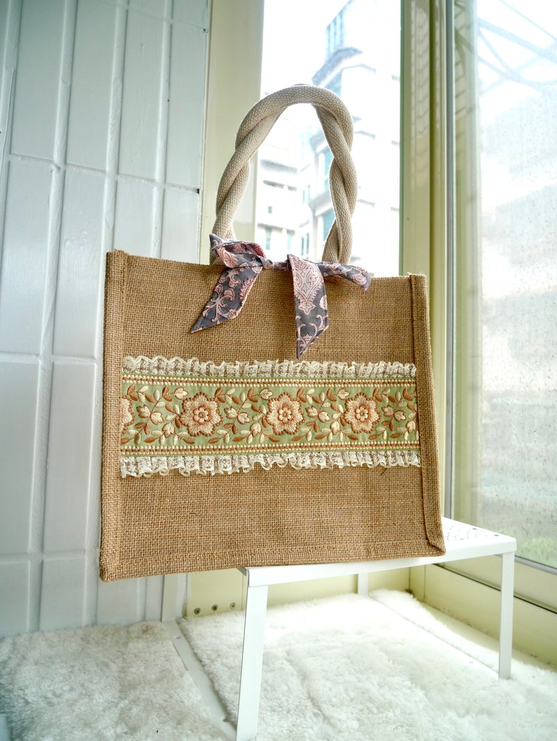 [New] Indian embroidered linen bag - 手提包/手提袋 - 棉．麻 橘色