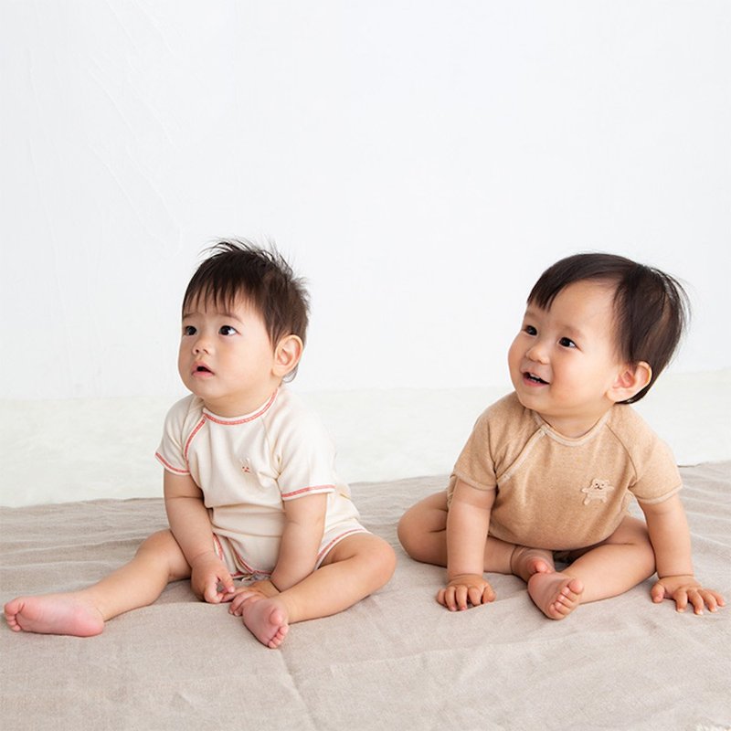 Y-1353 100%オーガニックコットン カットソー半袖ロンパース ナチュラル ブラウン 60cm 70cm ２サイズ 日本製 - 包屁衣/連身衣 - 棉．麻 白色