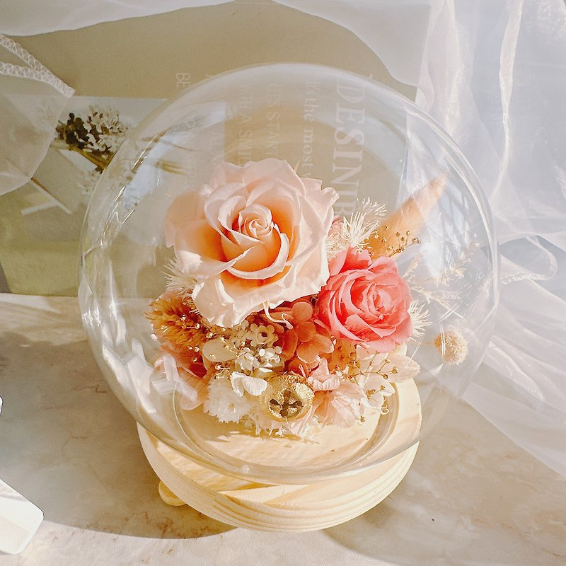 Everlasting rose night light birthday gift dried flower dried flower glass cover exchange gift lover - ช่อดอกไม้แห้ง - พืช/ดอกไม้ สึชมพู