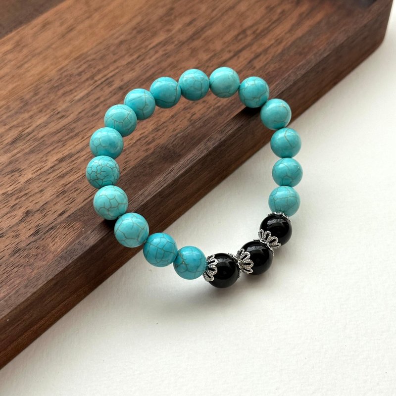 [Sagittarius and Capricorn | December Birthday] Blue Turquoise Black Agate Flower Silver Bracelet Courage, Safety and Protection against Villains - Bracelets - Semi-Precious Stones Multicolor