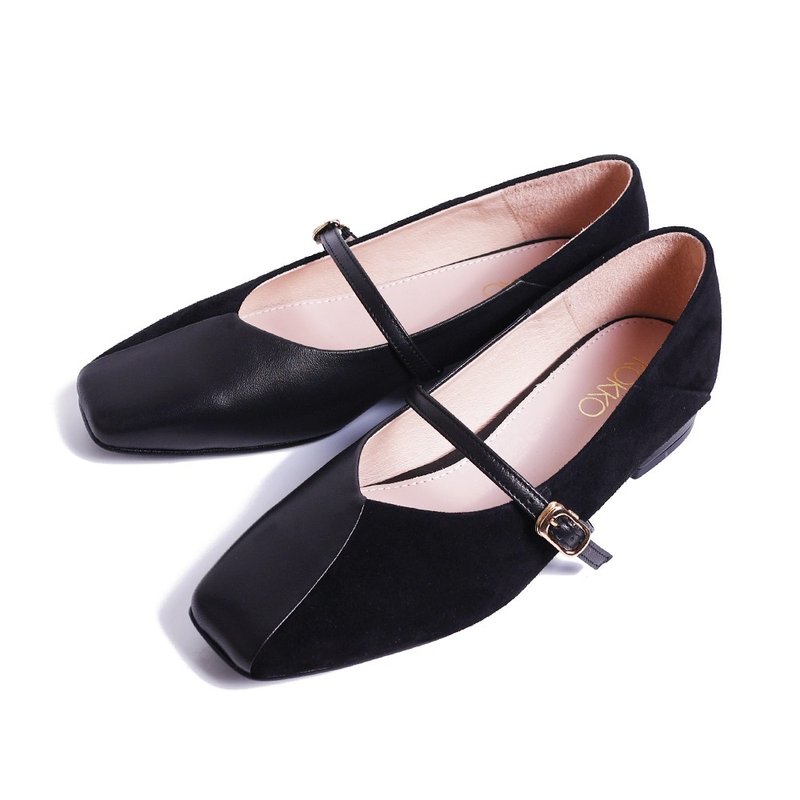 甜美溫柔拼接方頭瑪莉珍黑色 - 高跟鞋/跟鞋 - 真皮 黑色