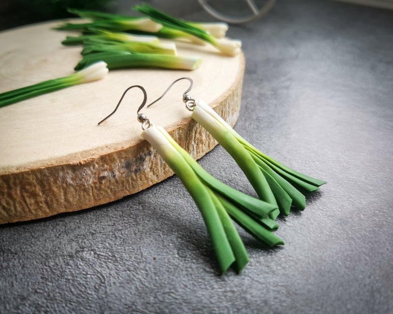 Leek onion earrings is weird, funny, funky, quirky, vegan earrings - Earrings & Clip-ons - Clay Green