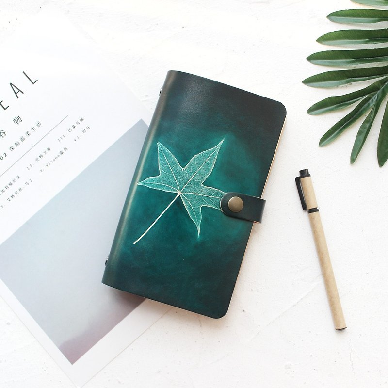 Dark green maple leaf A7 A6 A5 loose-leaf notebook hand book manual leather notebook log book lettering - Notebooks & Journals - Genuine Leather Green